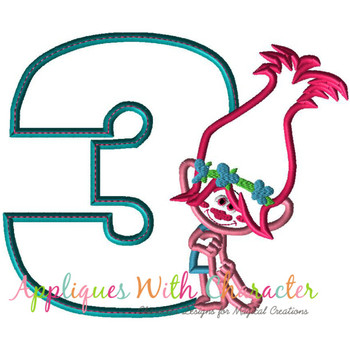 Trolls Poppy Number Three Block Applique Design