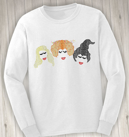 Halloween Sister Three Hocus Pocus with Eyelashes Sketch Embroidery Design 