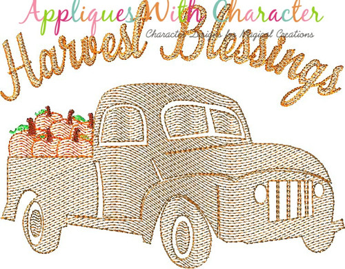 Harvest Blessings Truck with Pumpkins Sketch Embroidery Design