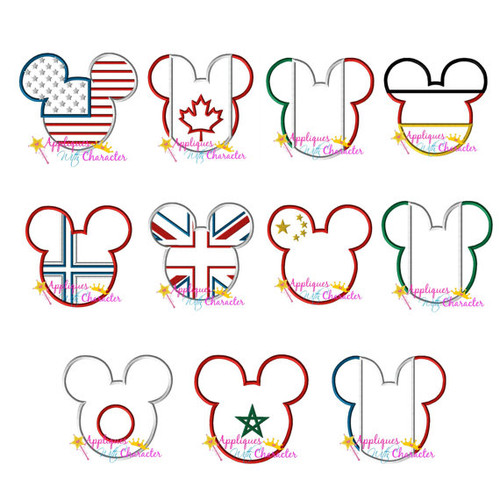 11 World Flag Mr Mouse Head Applique Set