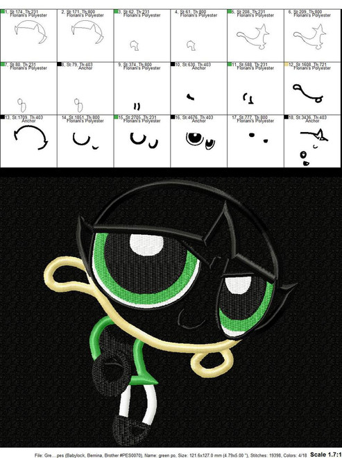 Powerpuff Girl Buttercup Applique Embroidery Design