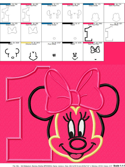 Minnie Mouse Number One Applique Embroidery Design