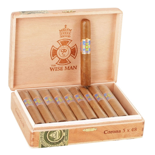 The Wise Man Corojo Corona Cigars - Box of 20 from the Foundation Wise Man Corojo line by Foundation Cigars displayed with band and wrapper detail
