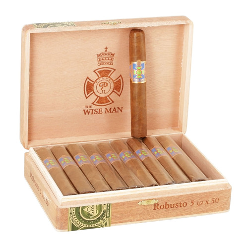The Wise Man Corojo Robusto Cigars - Box of 20 from the Foundation Wise Man Corojo line by Foundation Cigars displayed with band and wrapper detail