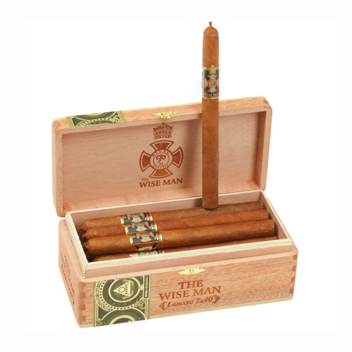 Wise Man Corojo Lancero Cigars - Premium Nicaraguan Box of 20 from the Foundation Wise Man Corojo line by Foundation Cigars displayed with band and wrapper detail