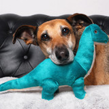 Fluff &Tuff Ross Brachiosaurus Dinosaur plush dog toy, showing a dog playing with him