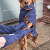 Ruff & Tumble Dog Drying Mitts in Heather, showing in use, wiping down dog's paws