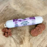 Wild boar pâté for dogs sliced from the roll