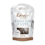 Eden Holistic White Fish and Game Dog Treats, shown in packaging