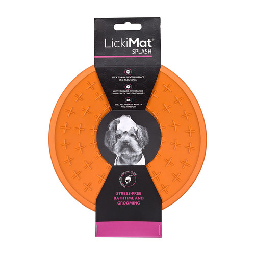 LickiMat Splash in Orange, shown in packaging