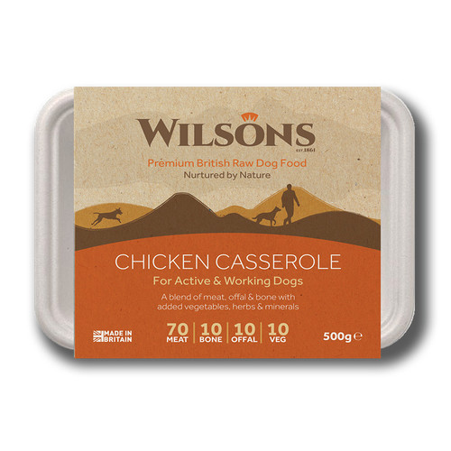 Wilsons Premium RAW Frozen Dog Food Chicken Casserole 500g in packaging