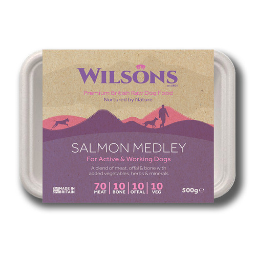 Wilsons Premium RAW Frozen Salmon Medley dog food in Bio pack packaging