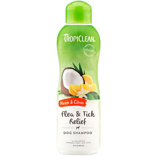 Tropiclean Flea & Tick Relief Shampoo bottle with natural ingredients