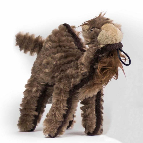 Steel Dog Ruffian Camel plush dog toy with tennis ball and crinkle, ideal for tough chewers