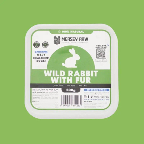 Mersey RAW Wild Rabbit in Fur 500g – complete raw rabbit dog food with fur
