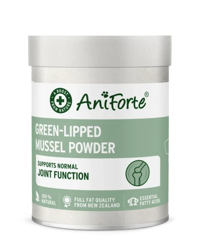 AniForte Green Lipped Mussel Powder 100g tub, freeze-dried joint supplement for dogs and cats