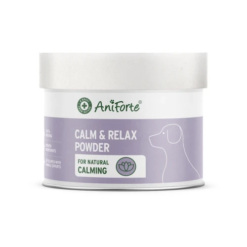 AniForte Calm & Relax Powder 100g tub, natural herbal calming supplement for dogs