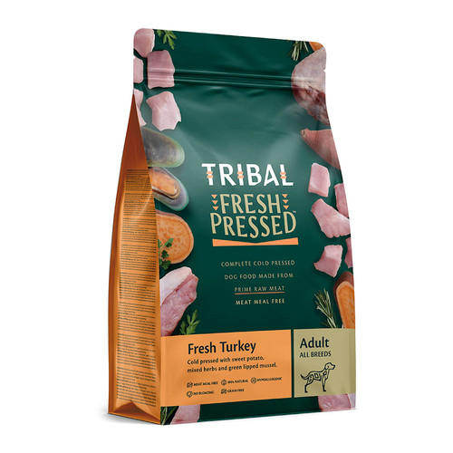 Tribal Adult Cold Pressed Turkey Dog Food, showing the packaging