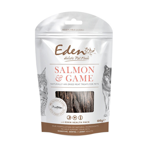 Eden Holistic Salmon and Game Dog Treats, shown in packaging