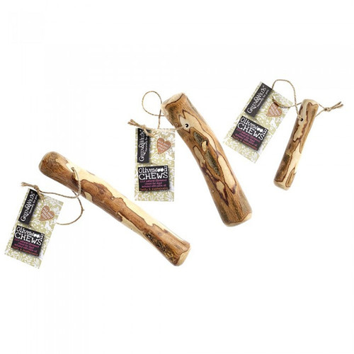 Green & Wilds Olivewood Chews, shown in various sizes
