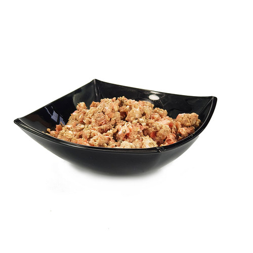 The RAW Factory Duck, Tripe & Offal Mince, shown in a bowl from side