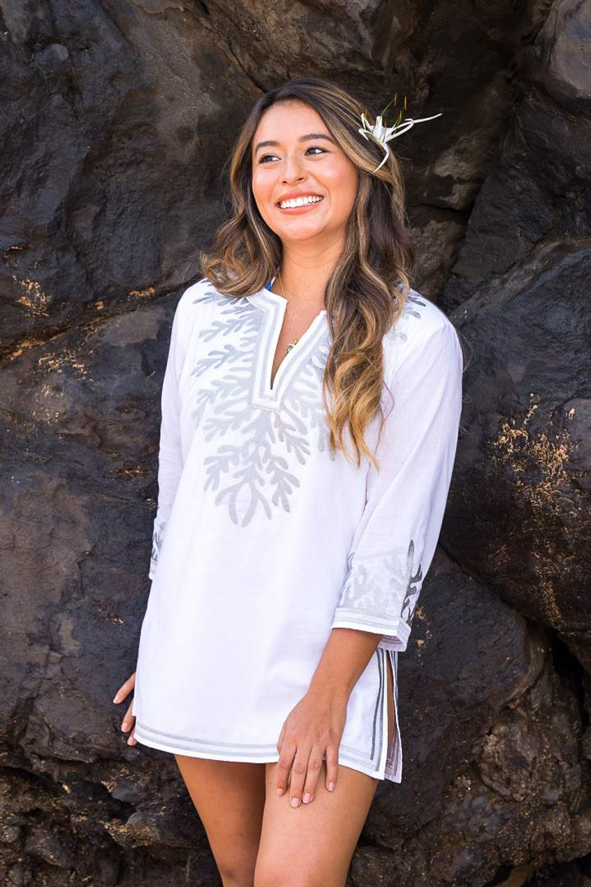 Reef Embroidered Tunic XSmall White Silver