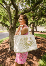 Debbie Katz White and Gold Coral Beach Tally Tote Front