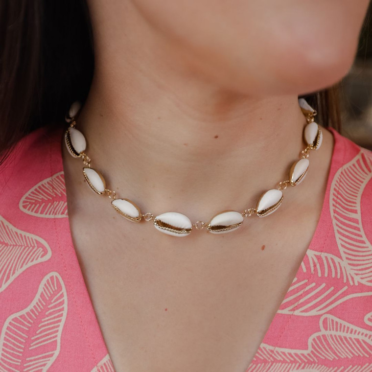Gold Edged White Cowrie Shell Necklace