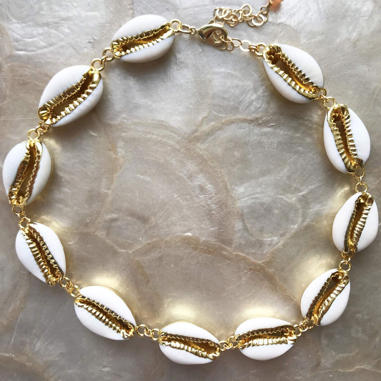 White Sophia C Jewelry Nude Beach Bracelet 24k  Gold Plated Cowrie Shells