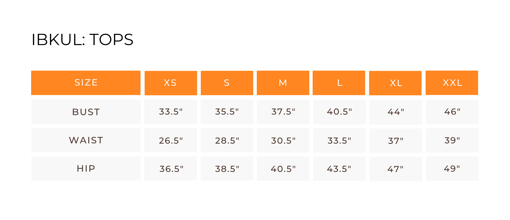 IBKUL Women's Tops Size Chart