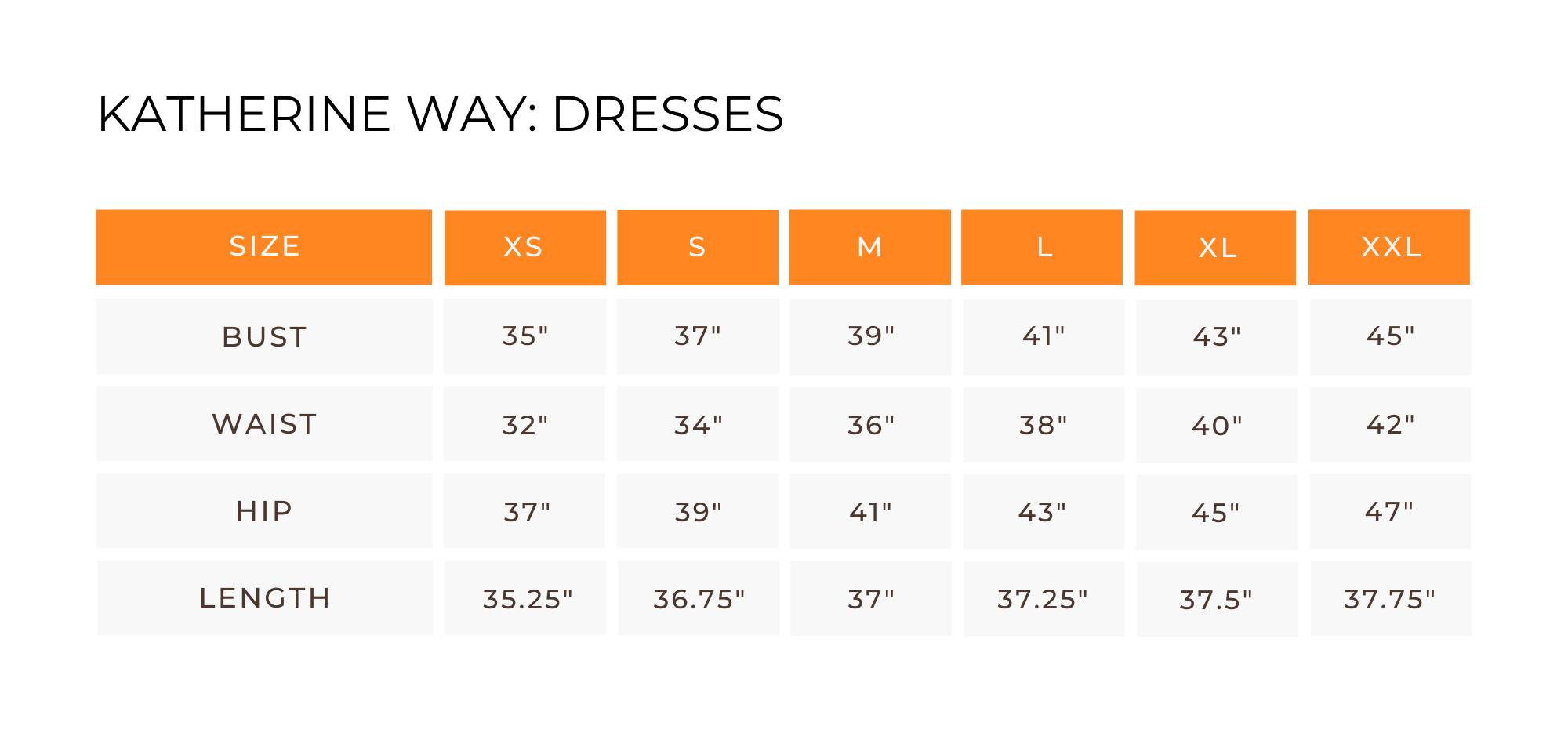 Katherine Way Size Chart Dresses