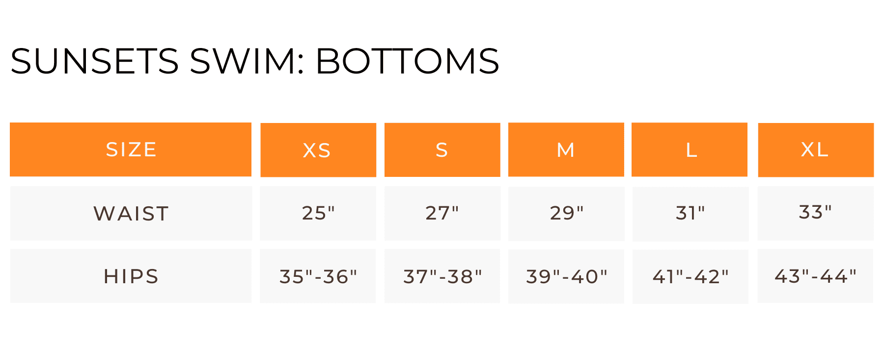 Sunsets Swim Size Chart