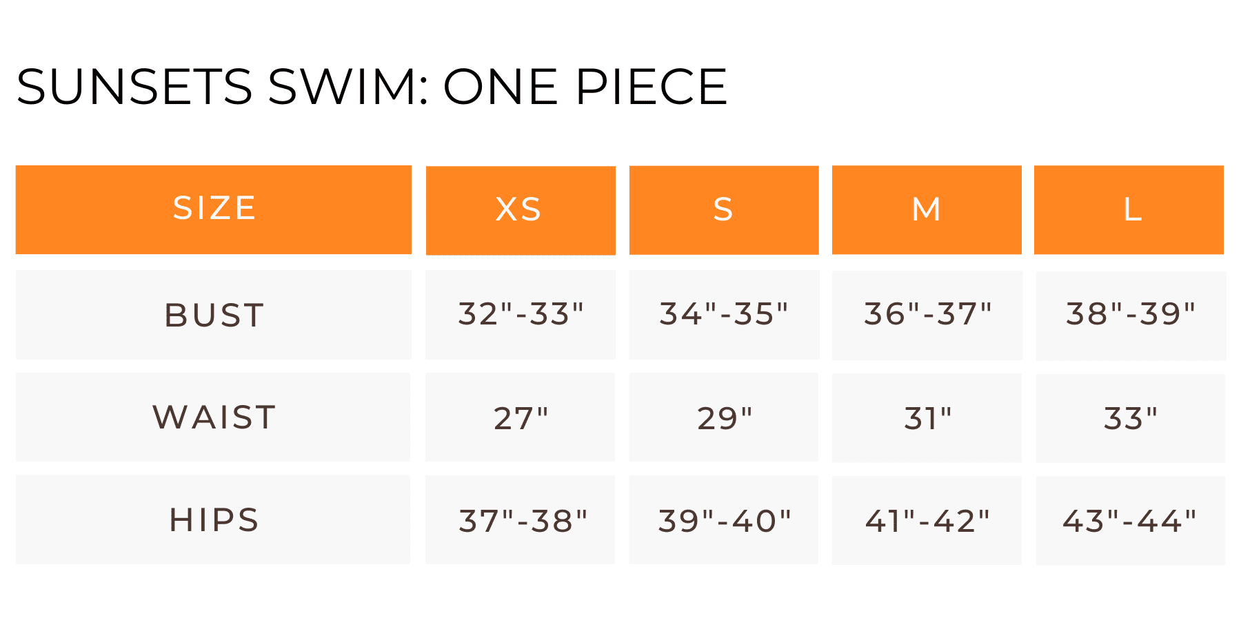 Sunsets Swim Size Chart 