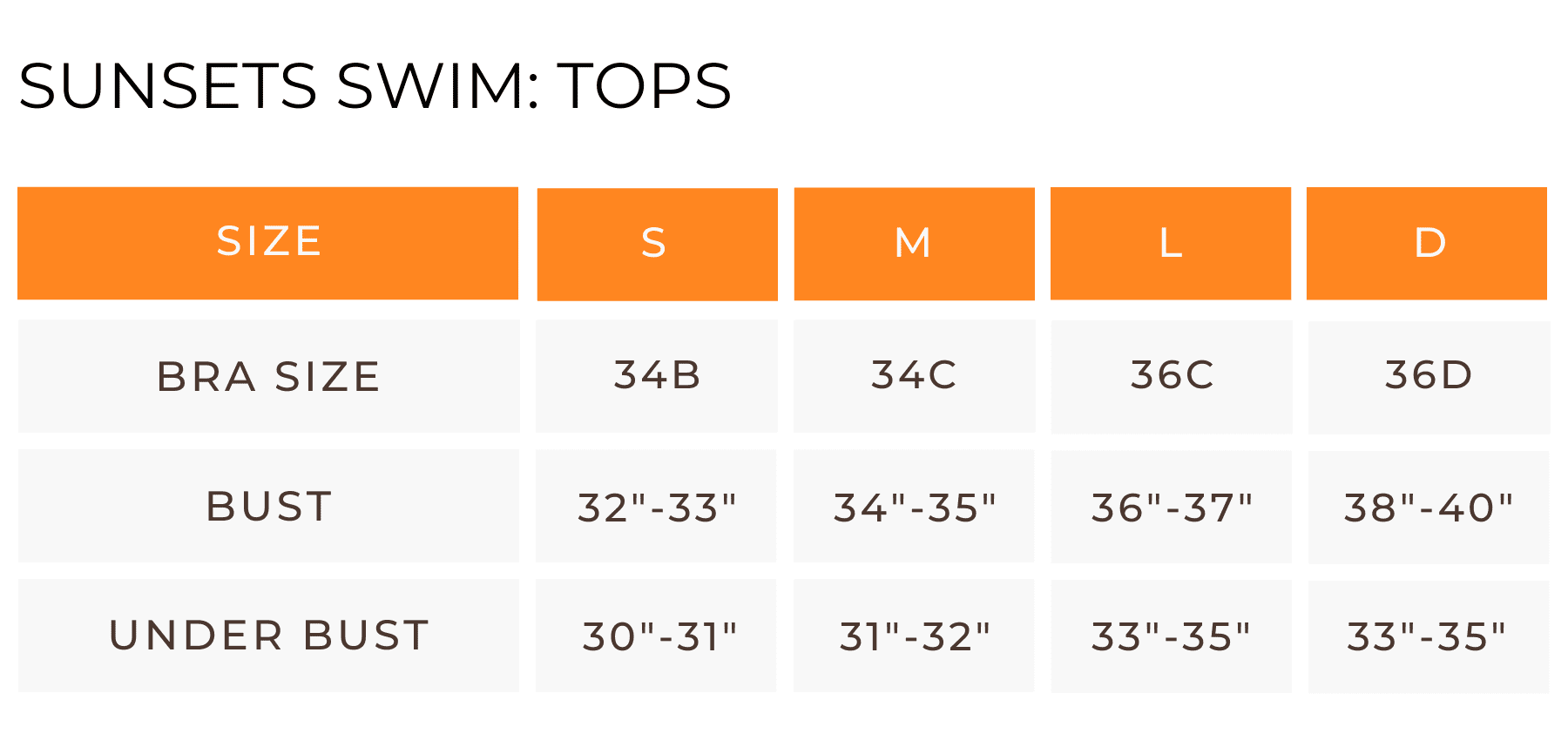 Sunsets Swimsuits Tops Size Guide