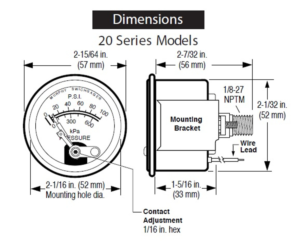 Murphy 100 PSI Mechanical Pressure Gauge 20P-F-100