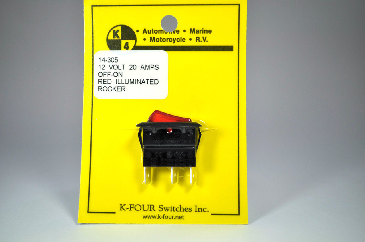 Rocker Switch, Lighted, Red, Off-On, 12V 20 Amp - 14-305