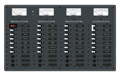 Blue Sea Systems European Power Distribution Panel 230V AC AC Main Plus 8 Positions/DC Main Plus 29 Positions - 8195