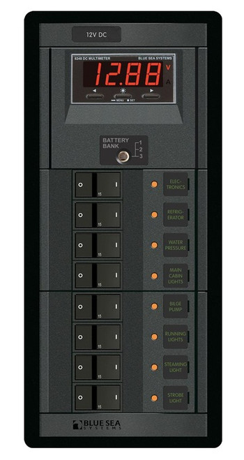 Blue Sea Systems Power Distribution Panel 12 Volt DC with 8 Positions and Digital Multi-Function Meter - 1227
