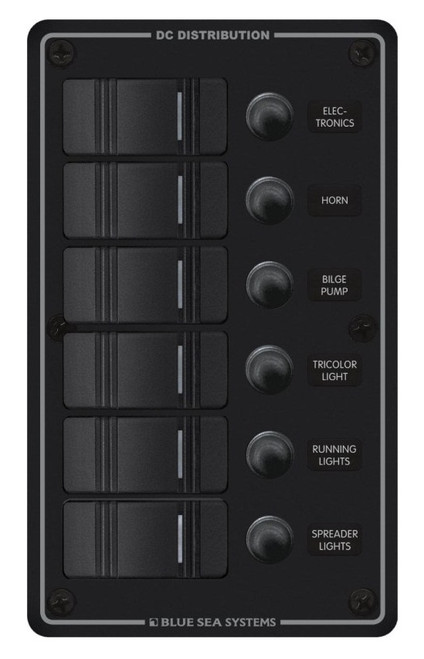 Blue Sea Systems Water Resistant Circuit Breaker Panel 12/24V DC in Black with 6 Positions - 8373