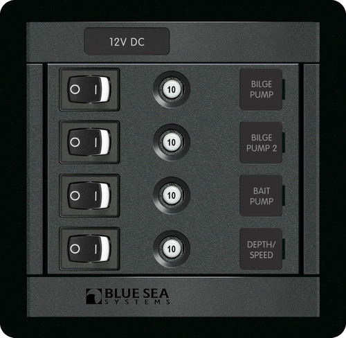 Blue Sea Systems DC Push Button Reset-Only Circuit Breakers and Rocker Switch Panel 12V DC with 4 Positions - 1455