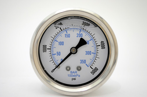 PIC 0-5000 PSI Glycerine Filled Pressure Gauge 2.5 in. with Stainless Steel Case and 1/4 in. NPT Male - 202L-254R