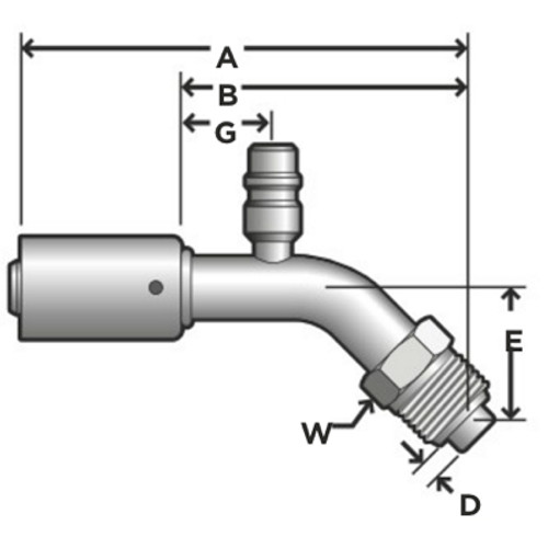 Red Dot 45 Deg. Elbow Male Tube O-Ring Swivel Long Pilot Fitting with R-134A Charge Port - 70R94341S / RD-5-9728-0P