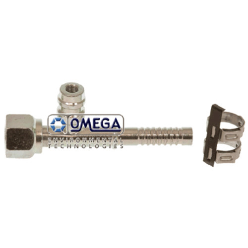 Omega Fitting Straight No. 8 Female O-Ring x No. 8 Air-O-Crimp with R134A Port and Clamp - 35-AN1302-3C