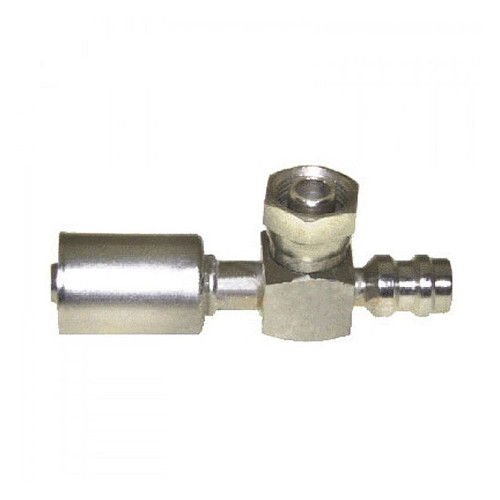 Omega 90 Deg. Fitting No. 8 Female O-Ring x No. 8 Beadlock with R134A Port Short Drop - 35-S1322-SD3 Omega 90 Deg. Fitting No. 8 Female O-Ring x No. 8 Beadlock with R134A Port Short Drop - 35-S1322-SD3