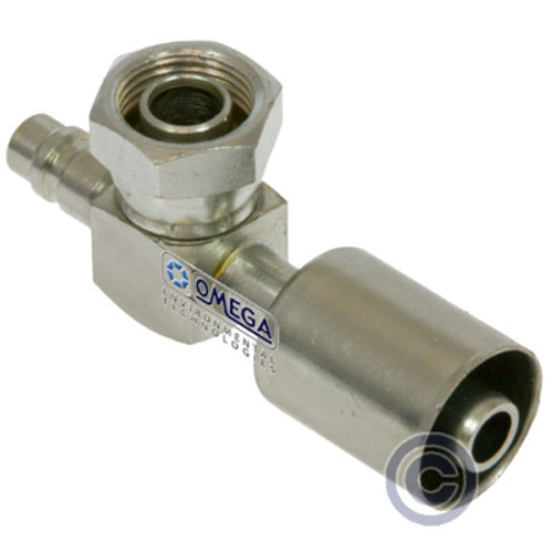 Omega 90 Deg. Fitting No. 10 Female O-Ring x No. 10 Beadlock with R134A Port Short Drop - 35-S1323-SD3 Omega 90 Deg. Fitting No. 10 Female O-Ring x No. 10 Beadlock with R134A Port Short Drop - 35-S1323-SD3