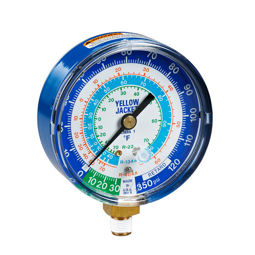 Yellow Jacket 3-1/8 in. 80mm Dry Manifold Blue Compound Fahrenheit Gauge 30 in. -0-120 PSI R22/134a/404A - 49106