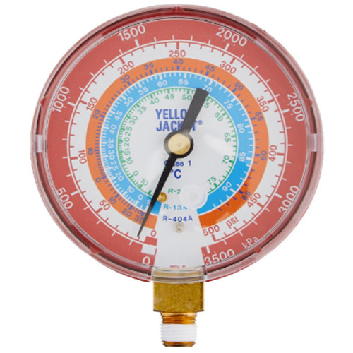 Yellow Jacket 3-1/8 in. 80mm Dry Manifold Red Pressure Celsius Gauge KPa/PSI R22/134a/404A - 49107