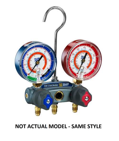 Yellow Jacket Titan 2-Valve Test Manifold with R/B Gauges PSI Fahrenheit R22/404A/410A and 60 in. Plus II Compact Ball Valve RYB - 49868