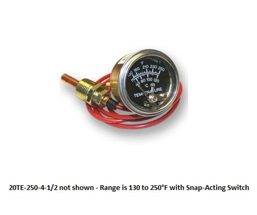 Murphy 130-250F Temperature Swichgage 2 in. w/ 4 Ft Capillary, Plated Steel Case and Snap-Acting Switch - 20TE-250-4-1/2