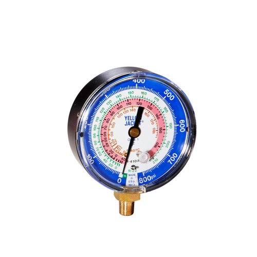 Yellow Jacket Low Side Blue Dial 3-1/8 in. 80mm Dry Manifold Gauge 0-800 PSI Fahrenheit R22/407C/410A - 49134